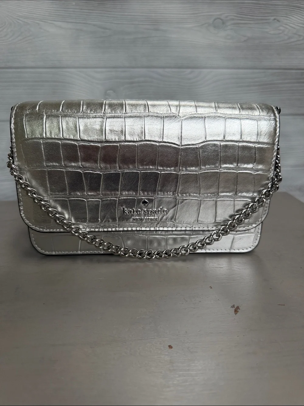 kate spade Metallic Silver Croc-Embossed Chain Crossbody Bag